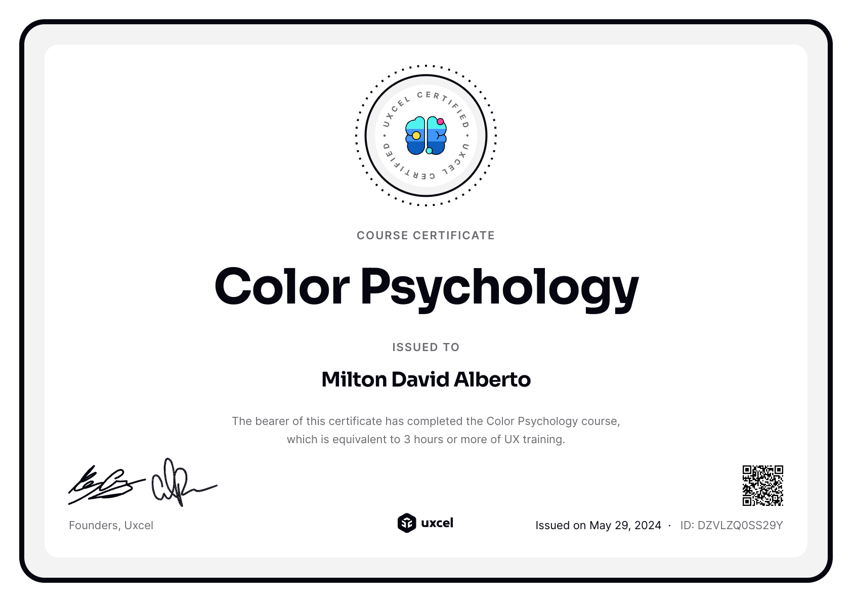 Milton David Alberto's certificate